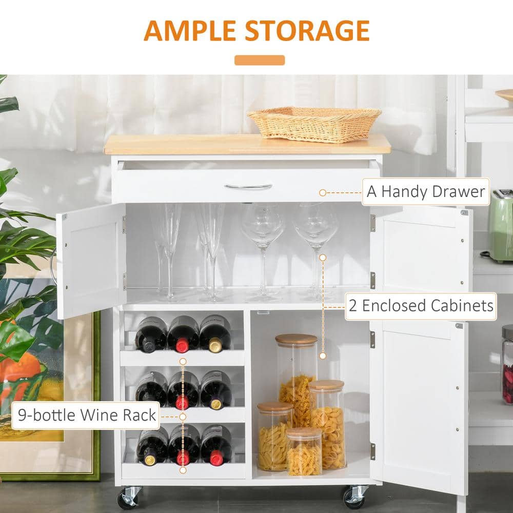 White Wood Rolling Kitchen Cart with Butcher Block Top and Wine Rack