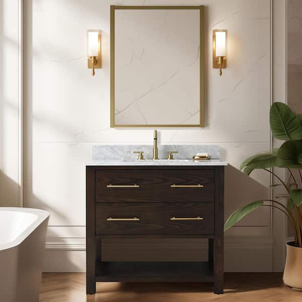 SUDIO Windwood 36 in. W x 22 in. D Bath Vanity in Brown Oak with Natural Marble Vanity Top in Carrara White with White Sink
