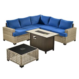 Kelleys 7-Piece Wicker Outdoor Patio Conversation Sofa Sectional Set with a Fire Pit and Navy Blue Cushions