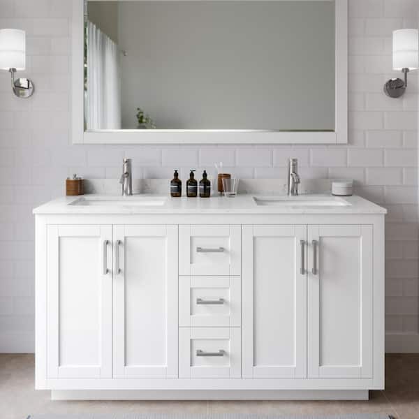 Wyndham Collection Miranda 60 in. W Double Bath Vanity in White with Cultured Marble Vanity Top in LV Carrara with White Basins and Mirror