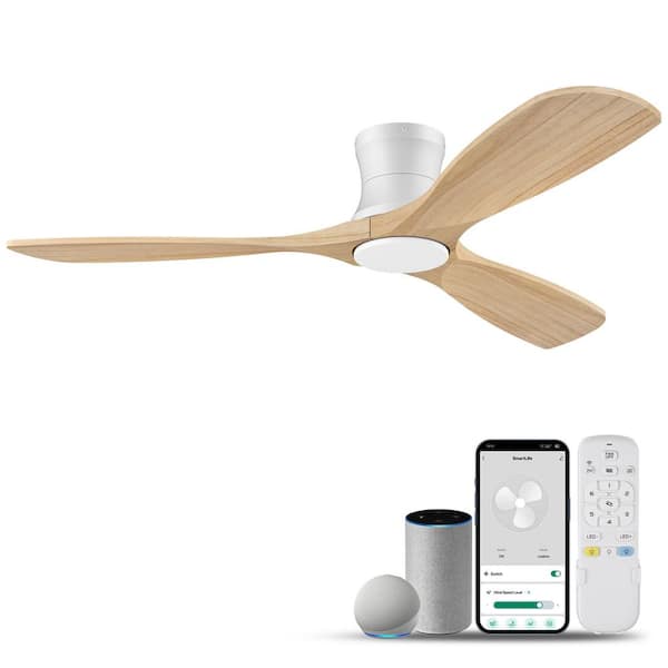52 in. Wood Smart Outdoor Indoor White Flush Mount Ceiling Fans w/Lights Remote,WIFI Alexa App workable,Quiet DC Motor