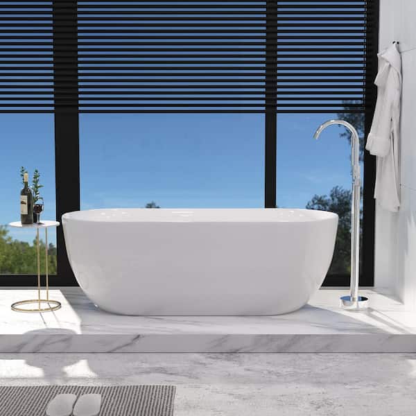 INSTER 67 in. Acrylic Oval Shaped Freestanding Flatbottom Soaking Non-Whirlpool Bathtub in White Included Center Drain