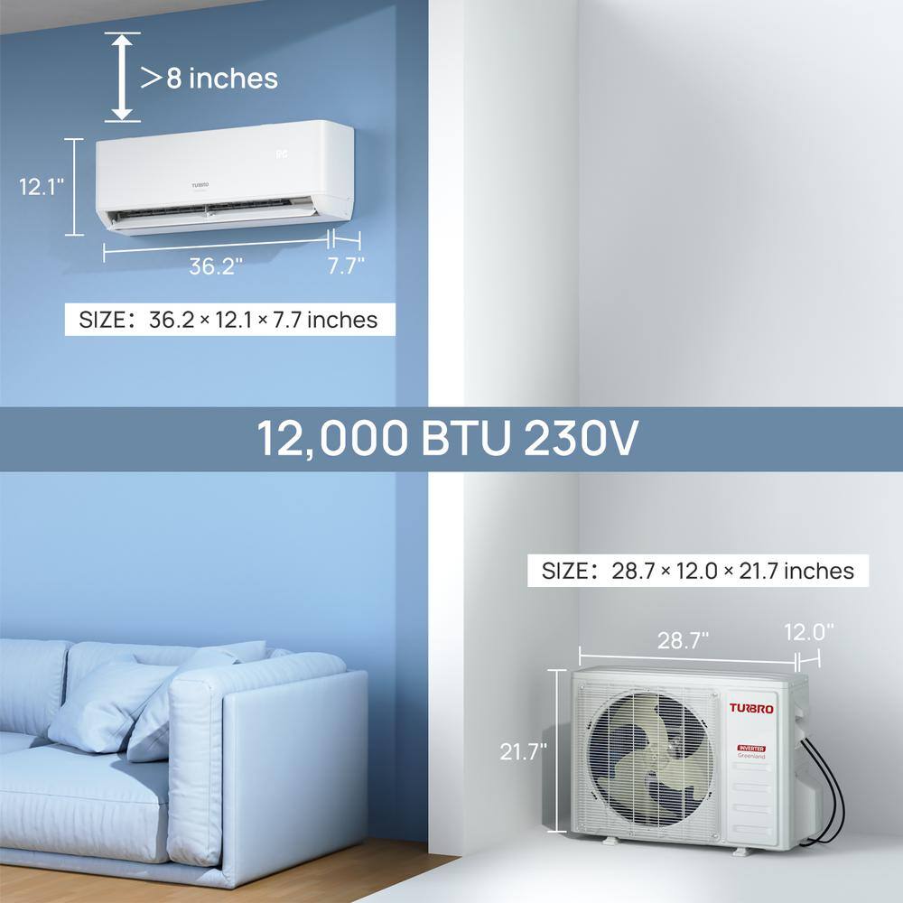 TURBRO 12,000 BTU White Ductless Mini Split AC with Heat Pump