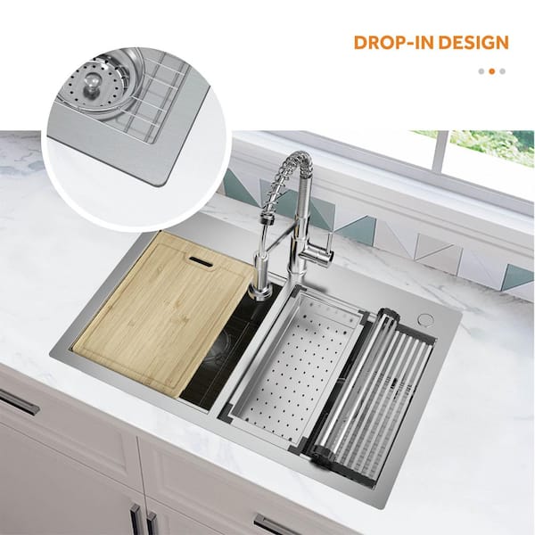 Kitchen Sink 1.5 Bowl LH Drainer Stainless Steel Modern Inset Strainer Waste