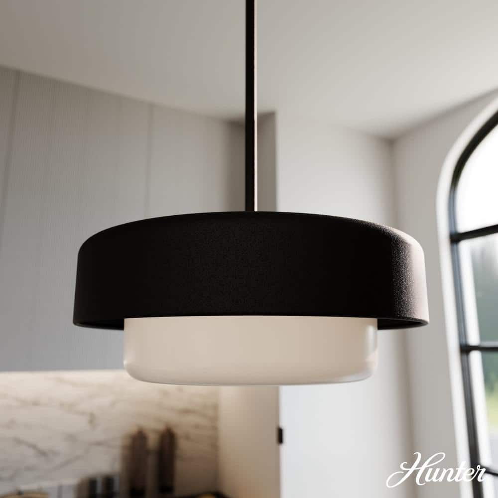 Station 14" Modern Drum Pendant with Frosted Glass in Natural Black Iron