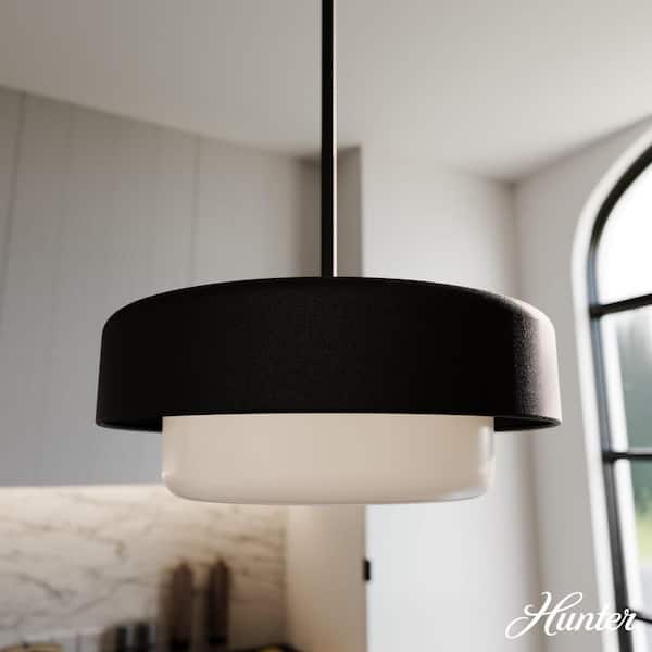 Hunter Station 2-Light Natural Iron Shaded Pendant Light with Cased White Glass Shade