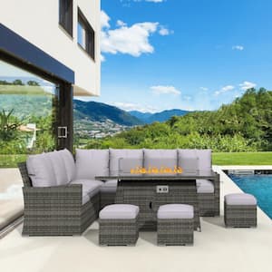 Cedar Gray 6-Piece Wicker Patio Fire Pit Conversation Sofa Set with Gray Cushions