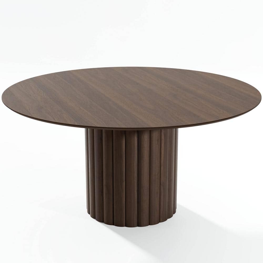 60 in. Natural Oak Wood Walnut Color Column Pedestal Round Kitchen Table Dining Table Seats 6