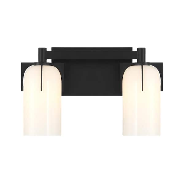 Caldwell 14.75 in. 2-Light Matte Black Bathroom Vanity Light with Etched White Opal Glass Shades