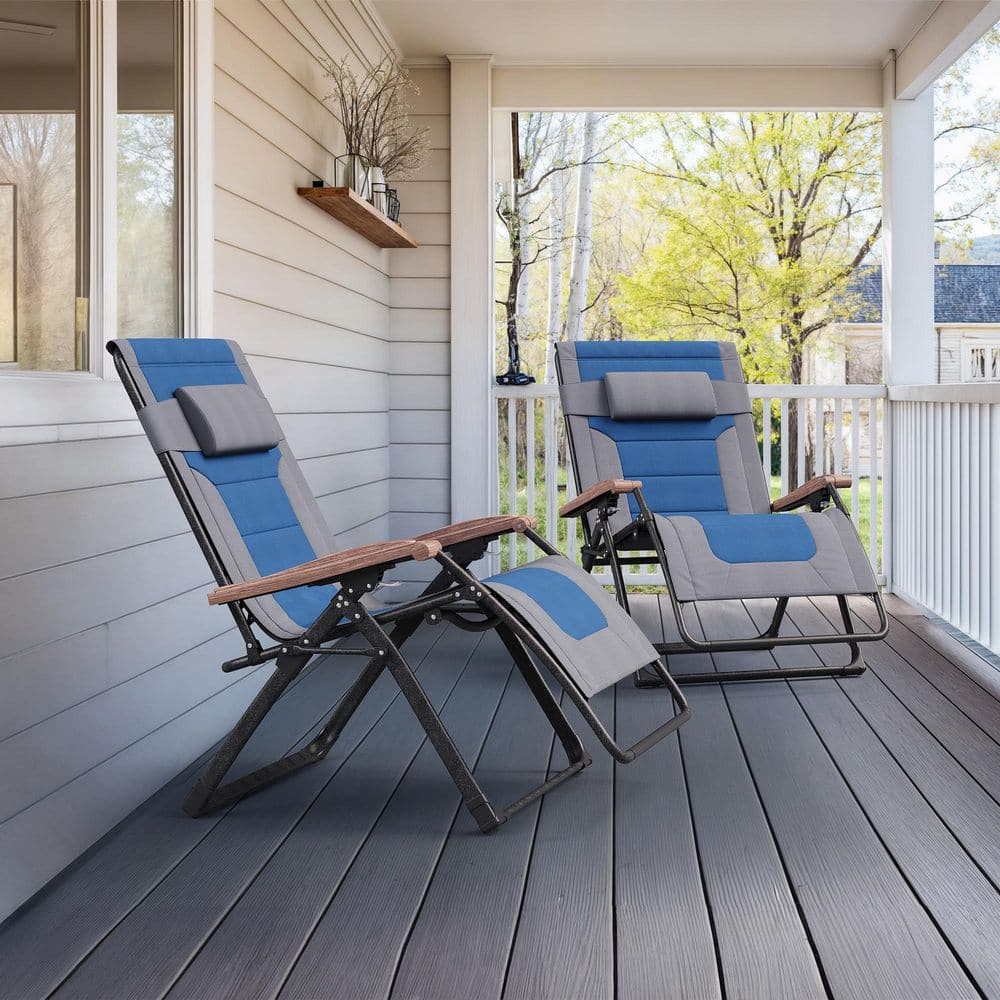 Extra Wide Zero Gravity 2 Piece Metal Outdoor Chaise Lounge Folding Recliner with Quilted Gray and Navy Blue Cushion price history on PriceWatchPro