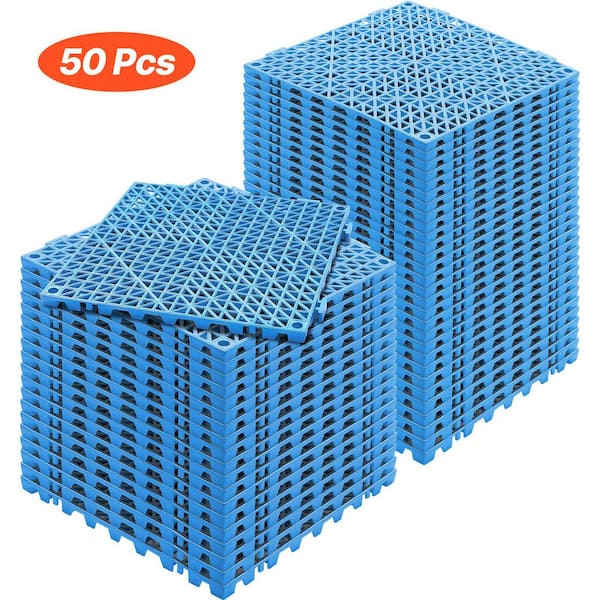 VEVOR Interlocking Drainage Mat Floor Tiles PVC Modular Gym Flooring Tiles 12 x 12 x 0.6 in. (Blue 50 Pcs,50 sq ft)