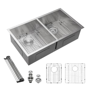 18 Gauge 32 in. W Undermount Double Bowl Black Stainless Steel Apron Front Kitchen Sink with Offset Drain Brushed Nickel