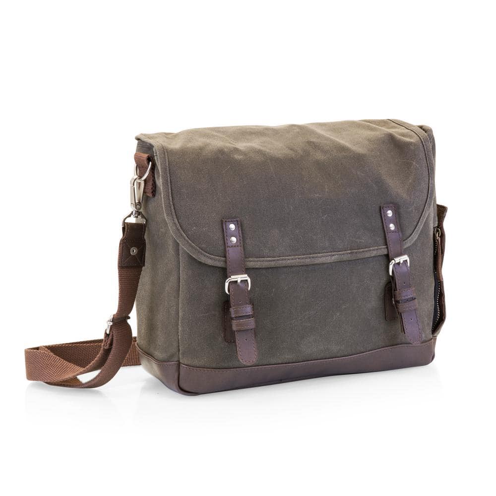 Khaki Green Waxed Canvas Wine Tote with Acacia Table