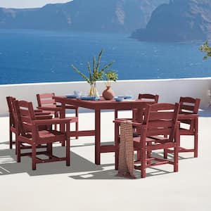 HDPE 7-Piece Plastic Rectangle Standard Height Outdoor Dining Set in Dark Red