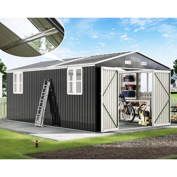 10 ft. W x 16.3 ft. D Galvanized Steel Metal Storage Shed with Windows, Dark Grey/White, 163 sq. ft.