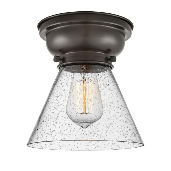 Cone 7.75 in. 1-Light Oil Rubbed Bronze Industrial Flush Mount with Seeded Glass Shade