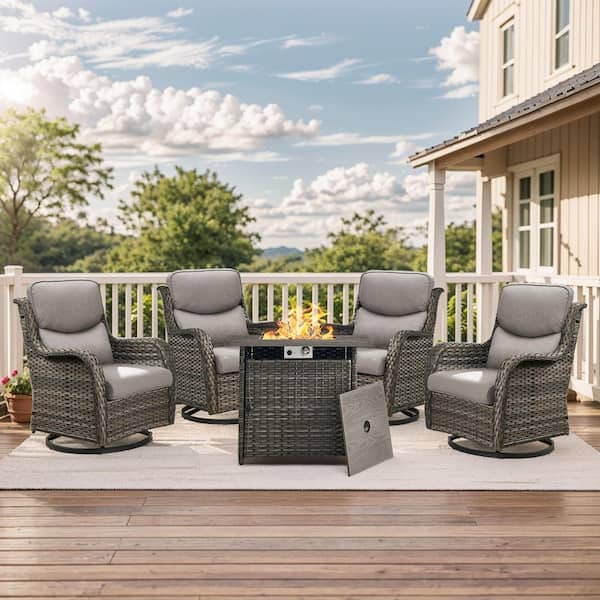 Luxury 5-Piece Gray Wicker Fire Pit Conversation Set with Olefin Gray Cushions and Swivel Glider Rocking Chairs