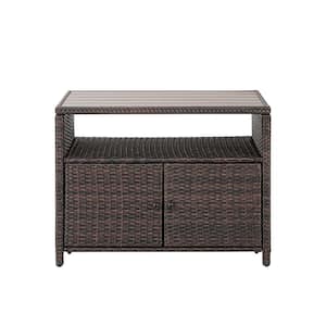Brown Wicker Storage Cabinet Outdoor Side Table with 2 Doors and Open Shelf for Patio, Pool, Garden