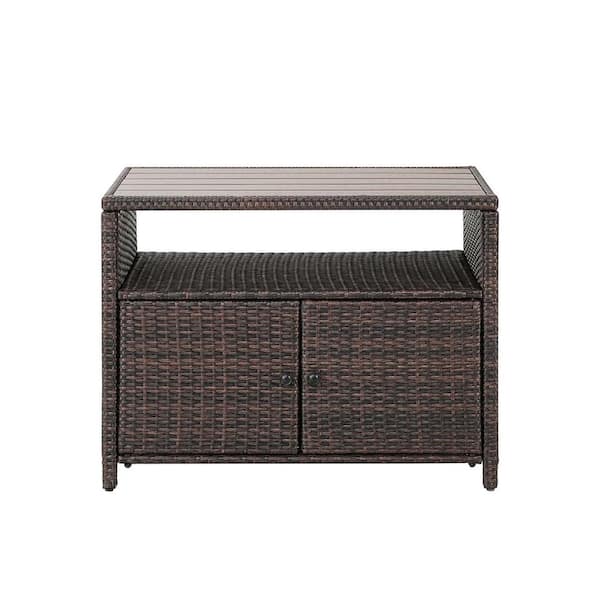 Zeus & Ruta Brown Wicker Storage Cabinet Outdoor Side Table with 2 Doors and Open Shelf for Patio, Pool, Garden