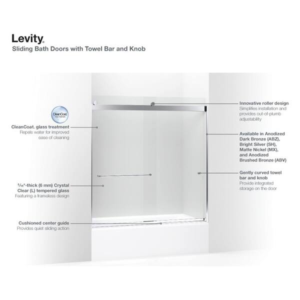 KOHLER Levity 57-60 in. W x 62 in. H Frameless Sliding Shower Door in Bright Polished Silver with Towel Bar