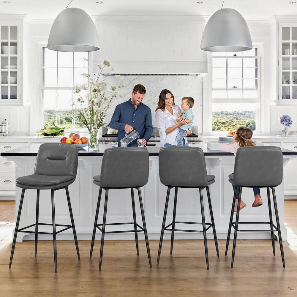 Gray Faux Leather and Metal Bar Height Stools Set of 4
