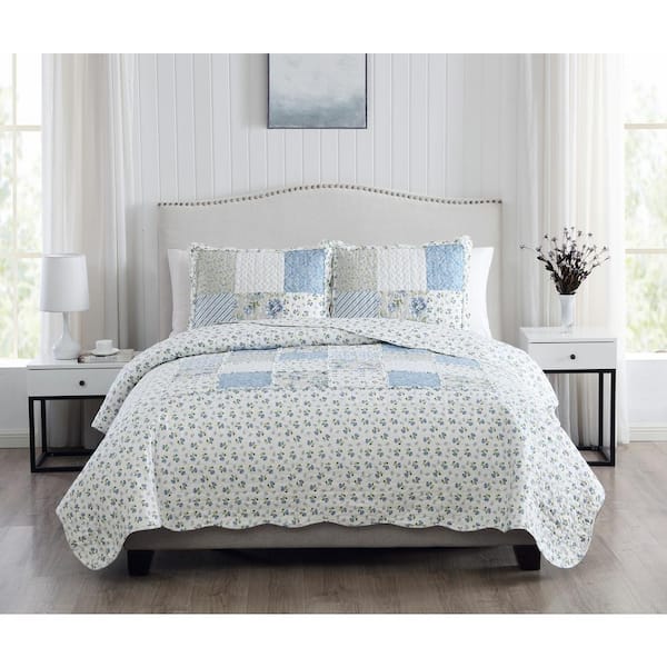 Morgan Home Brenna 3-Piece Blue Full/Queen Floral Patchwork Quilt Set