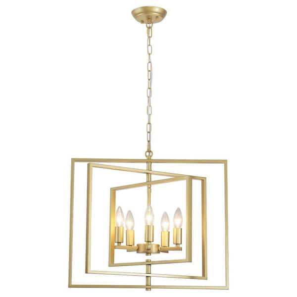 5-Light Gold Candlestick Rustic Rectangular Hanging Linear Chandelier Lighting for Kitchen Island