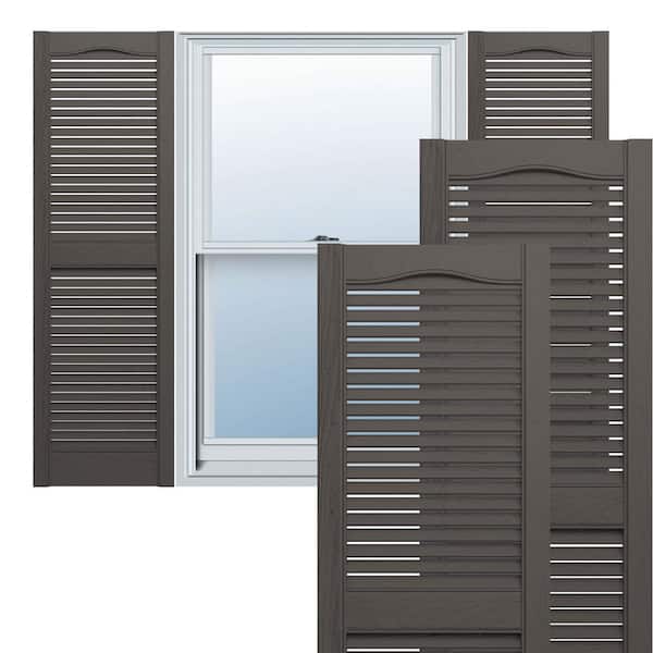 Ekena Millwork 14-1/2 in. x 78 in. Lifetime Vinyl Custom Cathedral Top Center Mullion Open Louvered Shutters Pair Musket Brown