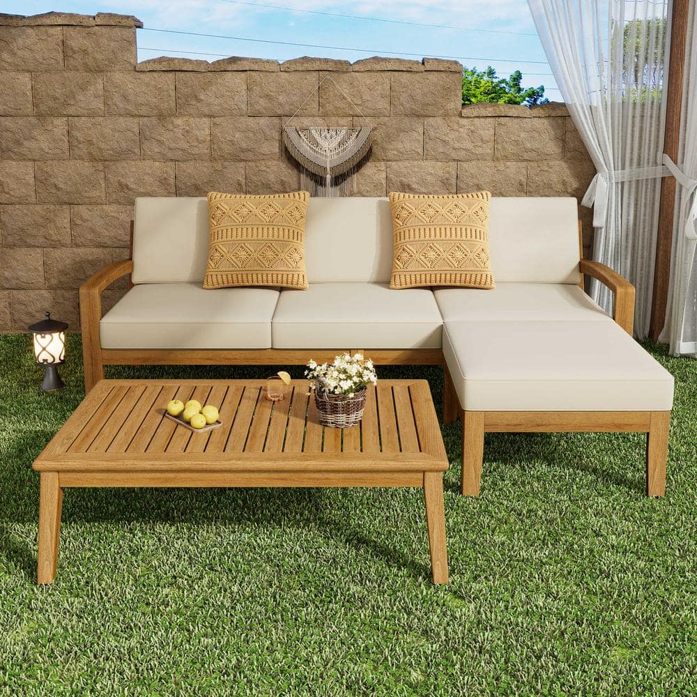 L Shape Acacia 3-Piece Wood Outdoor Sectional Patio Sofa Set, with Solid Wo