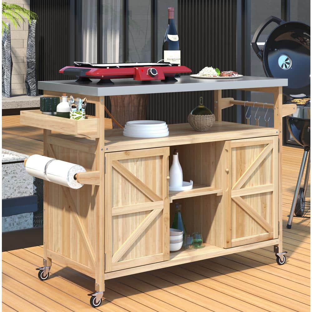 Natural Stainless-Steel Top 50.25 in. Outdoor Kitchen Island with Cabinet a