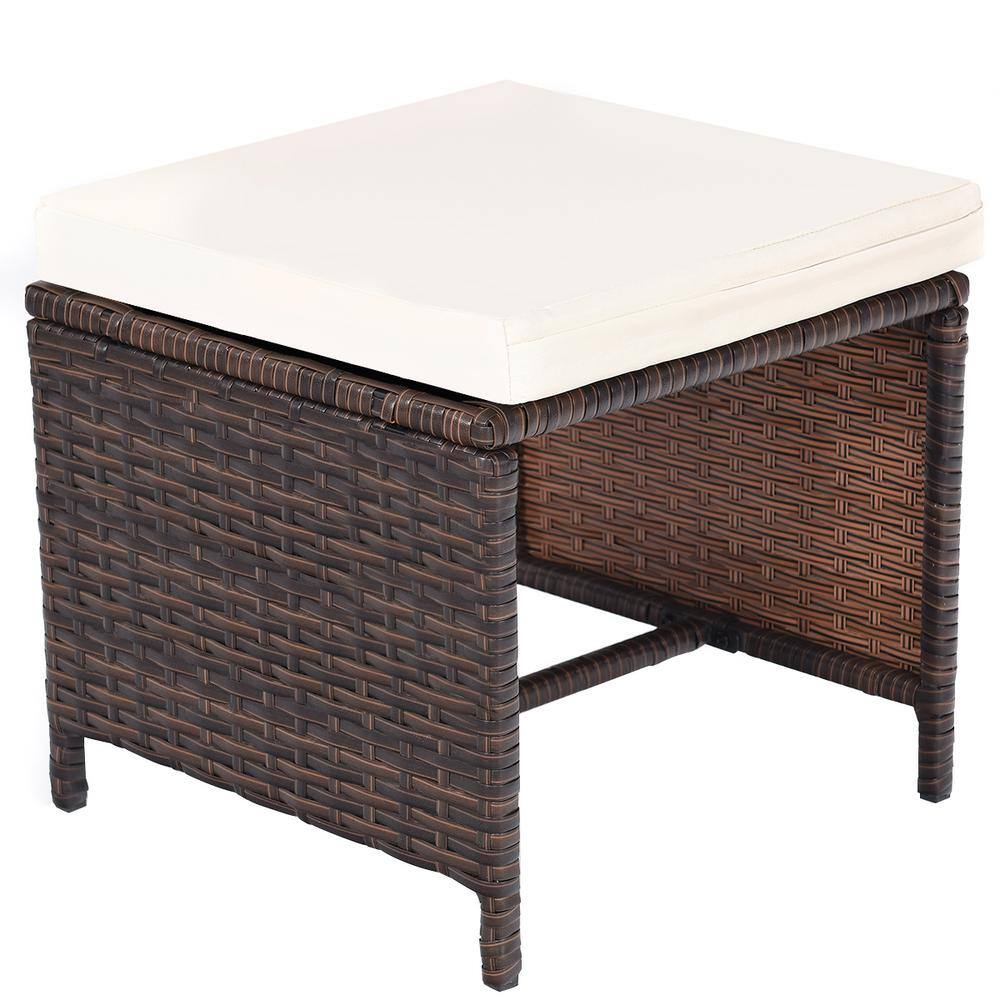 Mix Brown 10-Piece Outdoor Patio Dining Set with Cushioned Ottomans and Armchairs