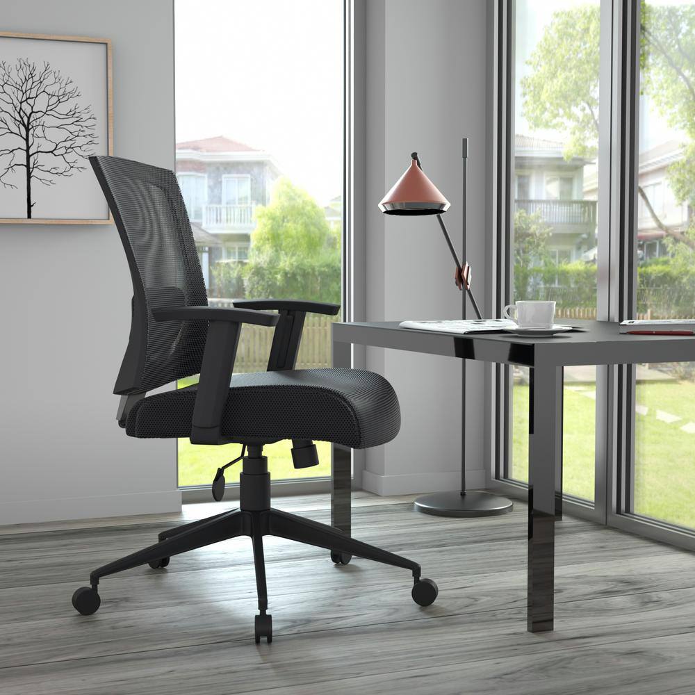 Black Mesh Back and Seat Cushions Black Base Lumbar Support Adjustable Arms Pneumatic Lift Executive Task Chair - Thumbnail 3