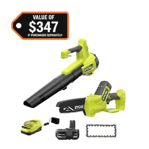 ONE+ 18V 100 MPH 350 CFM Cordless Variable Speed Jet Fan Blower, Pruning saw, Extra Chain with 4.0 Ah Battery & Charger