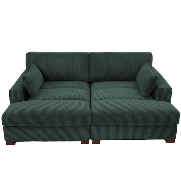 83.9 in. Modern Square Arm Corduroy Fabric Upholstered Sectional Sofa in. Hunter Green with 2-Pillows and Wood Leg