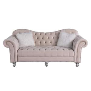 82 in. W Beige Classic America Chesterfield Tufted Camel Back Sofa