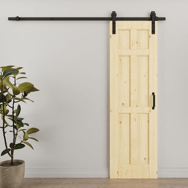 24 in. x 80 in. 6-Panel Unfinished Solid Core Pine Wood Sliding Barn Door with Hardware Kit