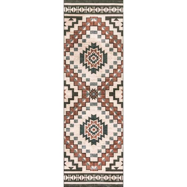 nuLOOM Leighton Machine Washable Beige 2 ft. 6 in. x 10 ft. Southwestern Medallion Runner Rug