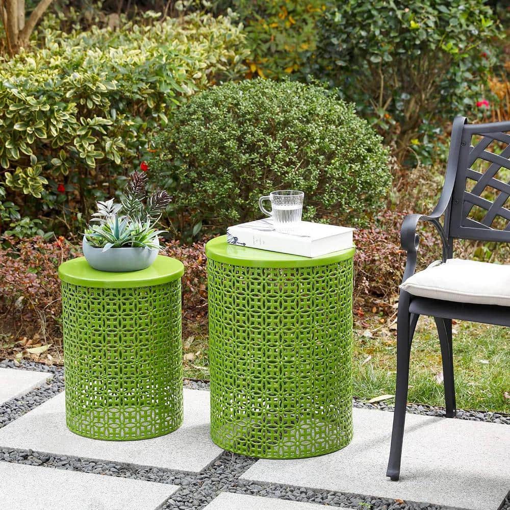 Glossy Green Round Metal Outdoor Side Table Set of 2 D092Z8D2HQ