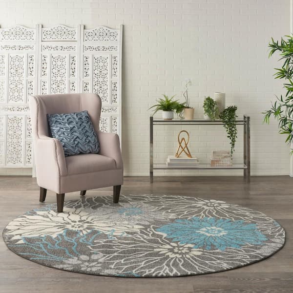 Passion Charcoal/Blue 8 ft. x 8 ft. Floral Contemporary Round Rug