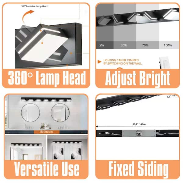 55.1 in. 7-Light Modern Black LED Vanity Light Wall Sconce for Bathroom and Mirror, Sleek Minimalist, Energy-Efficient