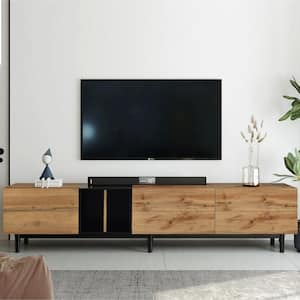 Modern Natural Wood TV Stand Fits up to 80 in. TV with Drop Down Cabinets