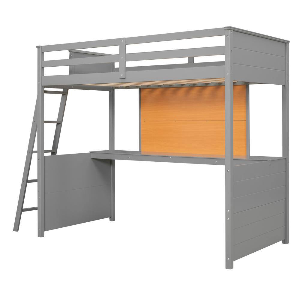 URTR Gray Twin size Loft Bed with Desk and Writing Board Space Saving Wood Twin Bed Frame for