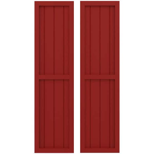 Ekena Millwork 14 in. W x 31 in. H Americraft 4-Board Exterior Real Wood 2 Equal Panel Framed Board and Batten Shutters in Fire Red