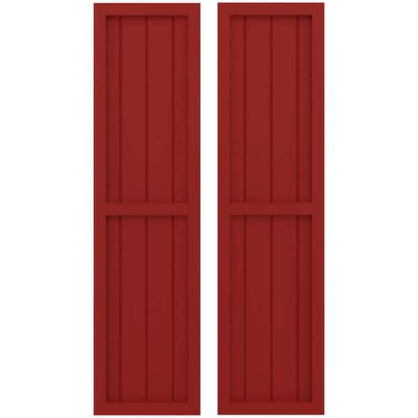 Ekena Millwork 14 in. W x 36 in. H Americraft 4-Board Exterior Real Wood 2 Equal Panel Framed Board and Batten Shutters in Fire Red