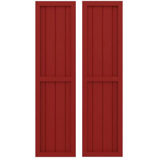 Ekena Millwork 14 in. W x 72 in. H Americraft 4 Board Exterior Real Wood Two Equal Panel Framed Board and Batten Shutters Fire Red