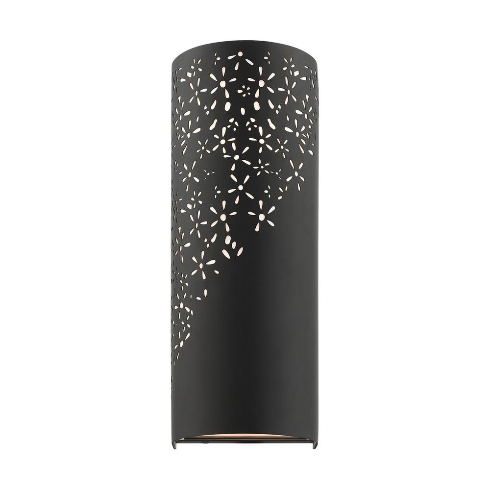 Noria Organic Laser Cut Black Steel 2-Light Sconce with Off-White Linen Shade