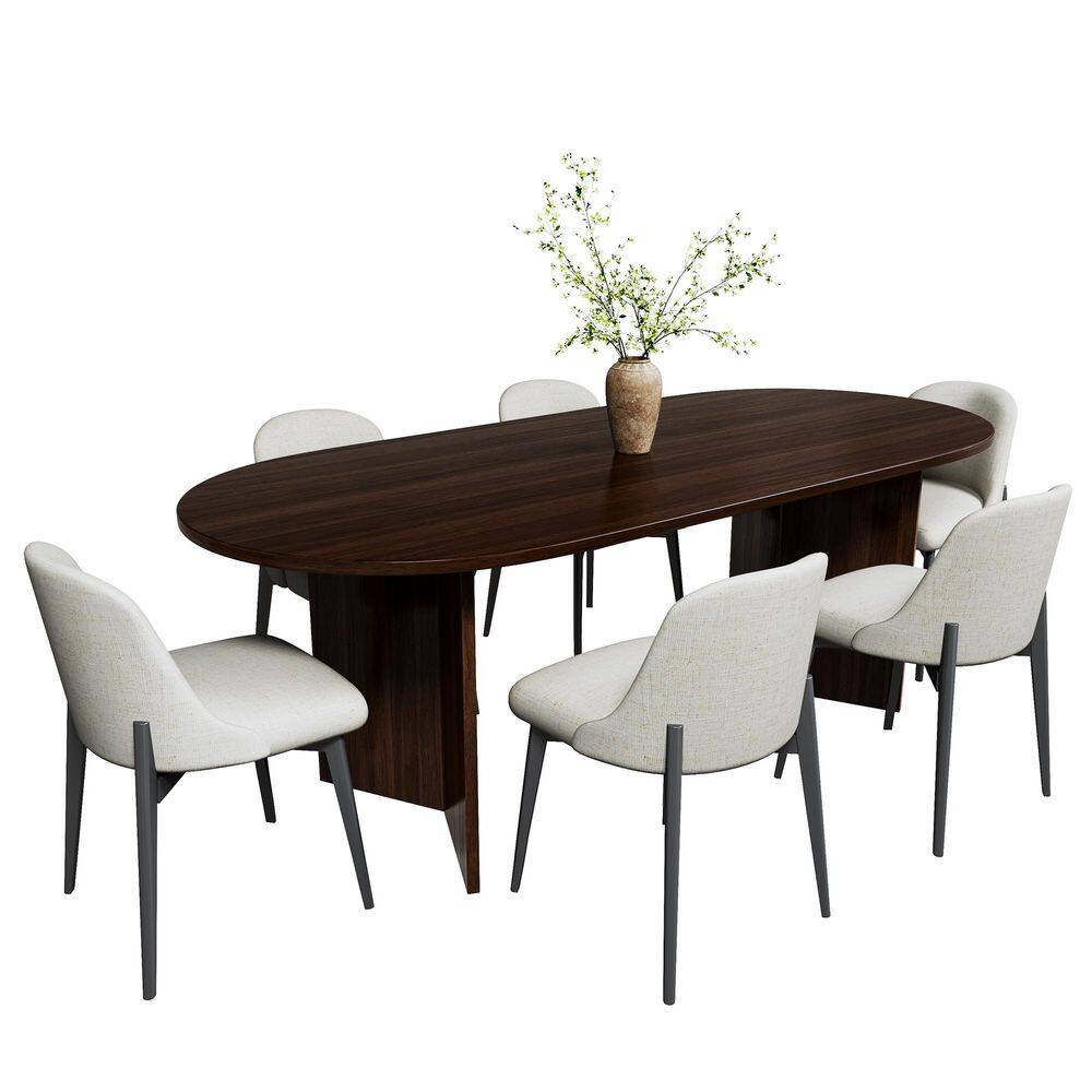 7-Pieces Walnut Oval Wood Top Dining Table Set 6 Seats with Wood Frame, Upholstered Black Ergonomic Dining Chair