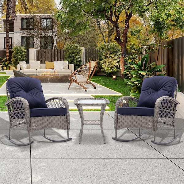 FORCLOVER 3-Piece Outdoor Wicker Modern Rocking Patio Conversation Set With Navy Blue Cushions