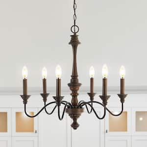 6-Light Wood Finished/Oil Rubbed Bronze Oakley 25 in. Midcentury Farmhouse Iron LED Chandelier