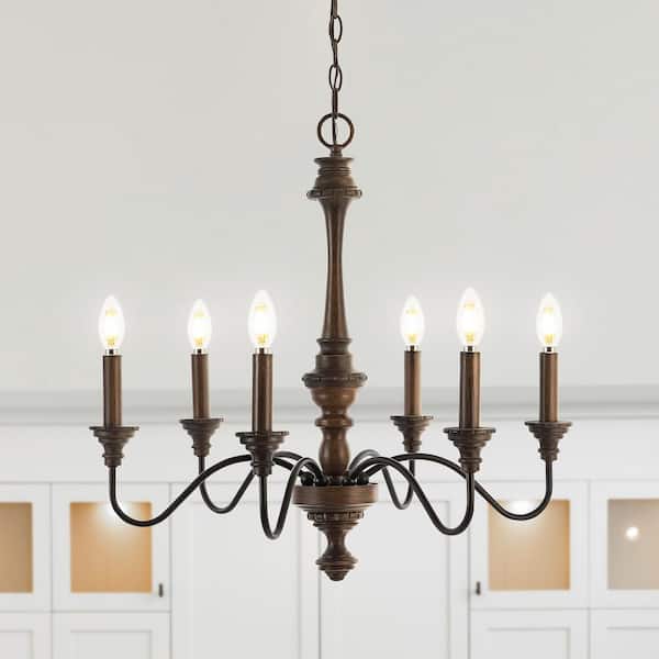 JONATHAN Y 6-Light Wood Finished/Oil Rubbed Bronze Oakley 25 in. Midcentury Farmhouse Iron LED Chandelier